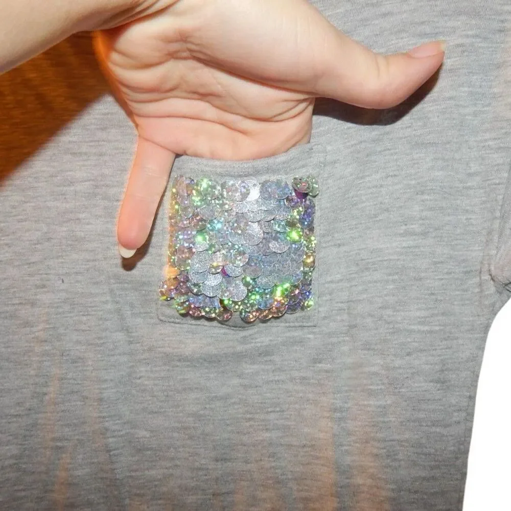 Justice Girls Size 8 Gray Hi‑Low Top Reversible Sequin Pocket 3/4 Sleeve